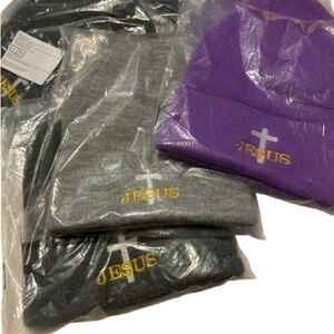 Unisex Stylish Gray—light grey and Purple Beanie knit hat with 'Jesus' Design